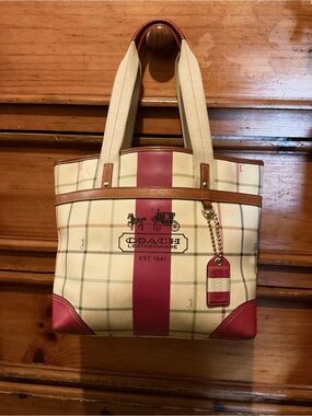 Coach Cream & Pink Leather-Trim Plaid Tote
